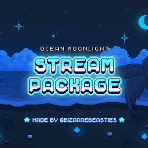Pixel Art Twitch Stream Package - Animated Overlays, Scenes, Panels, Alerts, Transition, Profile Banner, Badges, Emotes - Ocean Moonlight