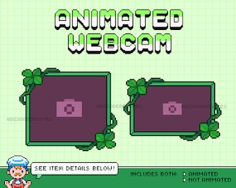 Może przedstawiać: Animowana ramka do kamery internetowej z zielonym wzorem winorośli i koniczyny czteroliściennej. Ramka ma fioletowe tło i ikonę aparatu. Tekst "ANIMATED WEBCAM" znajduje się w górnej części obrazu. Tekst "INCLUDES BOTH: ANIMATED ▷ NOT ANIMATED" znajduje się w dolnej części obrazu.