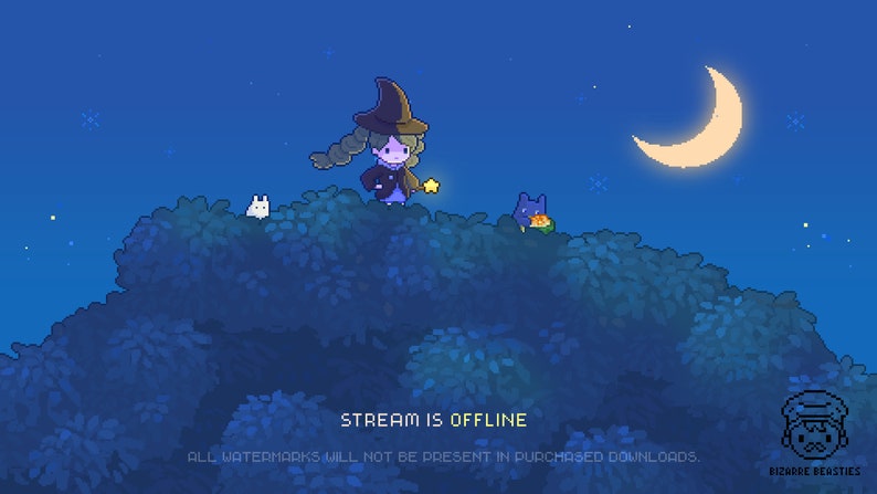 K&ouml;nnte beinhalten: Eine Pixel-Art-Illustration einer Hexe mit einem spitzen Hut und einem Zauberstab, die auf einem H&uuml;gel mit einem Halbmond am Himmel steht. Der Text "STREAM IS OFFLINE" wird auf dem Bild angezeigt.