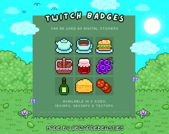 9 Cute Twitch Sub Badges - Pixel Art Digital Stickers, Subscriber Rewards, Stream Decor - Tea Party, Sandwich, Food - Froggy Picnic Set