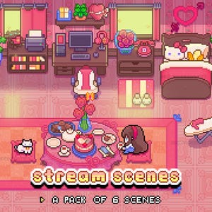 May include: Pixel art illustration of a pink room with furniture and decorations. The image includes a bed, desk, and table, with a cat and a person. Text reads "stream scenes" and "A pack of 6 scenes."