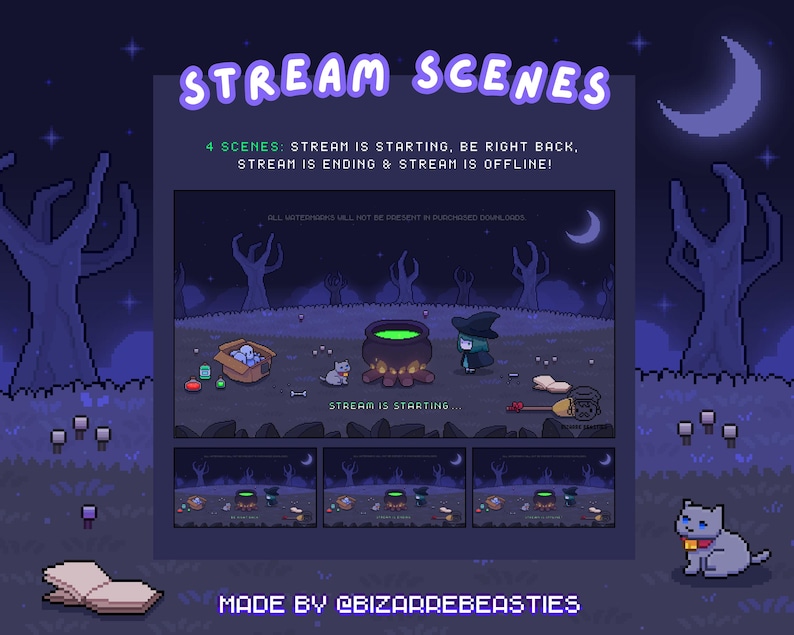 May include: Four animated scenes of a witch with a cauldron, a cat, and a text box that reads "Stream is starting". The scenes are set against a dark purple background with trees and a crescent moon. The text "STREAM SCENES" is at the top of the image. The text "4 SCENES: STREAM IS STARTING, BE RIGHT BACK, STREAM IS ENDING & STREAM IS OFFLINE!" is below the title. The text "MADE BY @BIZARREBEASTIES" is at the bottom of the image.