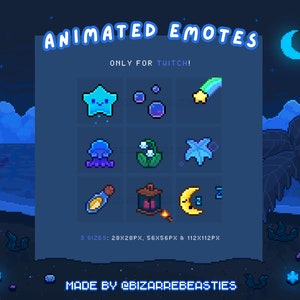 9x Animated Pixel Art Twitch Emotes - Subscriber Rewards, Cute Shooting Star, Lily Flower, Message Bottle, Bubbles - Ocean Moonlight Theme