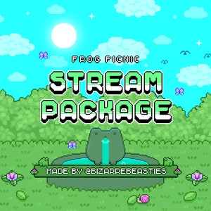Op de afbeelding: Pixel art-illustratie van een kikker die in een vijver zit met een blauwe lucht en witte wolken op de achtergrond. De tekst "FROG PICNIC STREAM PACKAGE MADE BY BIZARREBEASTIES" wordt weergegeven op de afbeelding.