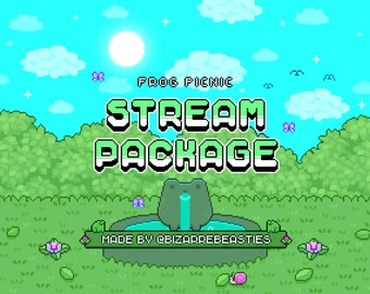 Cute Pixel Art Stream Package: Panels, Animated Alerts, Twitch Overlays, Transition, Scenes, Banner, Emotes, Sub Badges ~ Frog Picnic Theme