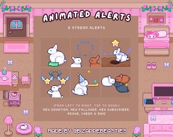 May include: A digital art graphic with the text "ANIMATED ALERTS" and "6 STREAM ALERTS". The image features pixel art of bunnies with various animations, including a bunny with a party hat. Text at the bottom reads "MADE BY @BIZARREBEASTIES".