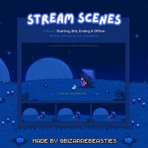 Cute 4x Animated Twitch Stream Screens Pack - 8bit Pixel Art Animation Scenes - Starting, Brb, Ending, Offline: Blue Moon Fairy Rain Theme