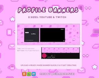 2 Pixel Art Profile Banners for Twitch, YouTube - Kawaii Pink Computer Setup Theme