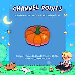 Puede incluir: Una ilustración de arte de píxeles de una calabaza con un tallo verde y una estrella brillante en la parte superior. La calabaza es naranja y tiene un brillo rosa claro. El texto "CHANNEL POINTS" está en la parte superior de la imagen. El texto "Can be used as twitch emotes (28x28px) too!" está debajo de la calabaza. El texto "Available in 3 sizes: 28x28px, 56x56px and 112x112px. Do not use on other platforms!" está en la parte inferior de la imagen.