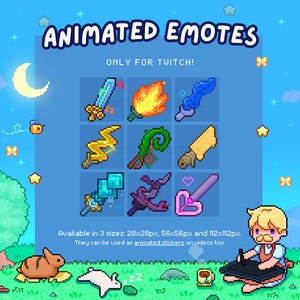 9x Animated Pixel Art Twitch Emotes - Subscriber Loyalty Rewards, Retro Video Games Aesthetic Digital Stickers - Cute Magical Swords Theme