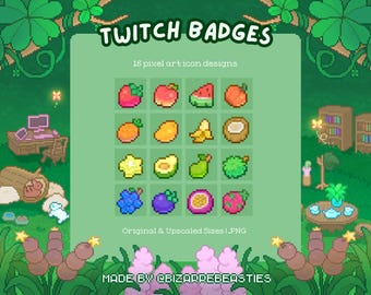 16 Pixel Art Twitch Sub Badge Designs - Round and Shiny Fruits (Digital Download)