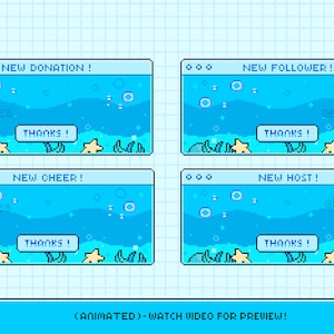 Cute 6x Animated Alerts ~ Animated Twitch Alerts Pack ~ 8bit Pixel Art ~ Kawaii Aesthetic Animated Stream Alerts ~ Blue Aquarium Ocean Theme
