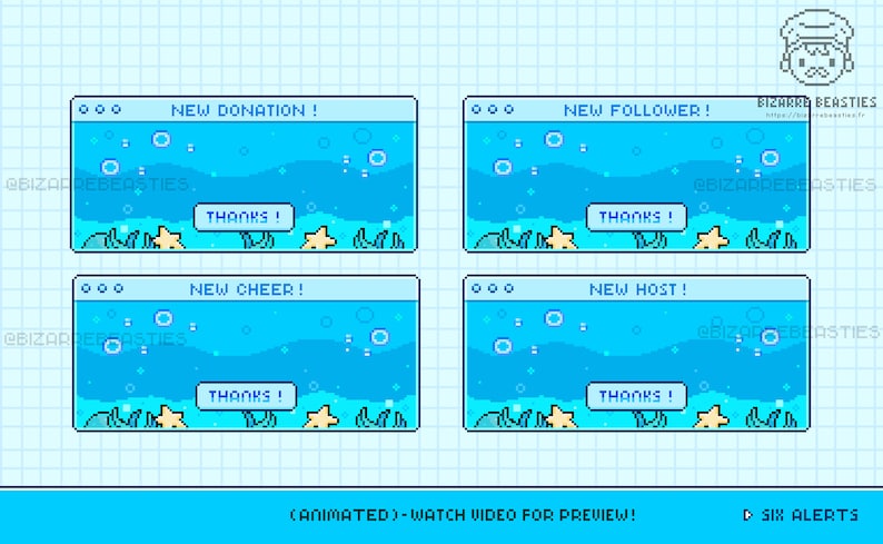 Puede incluir: Cuatro alertas de Twitch animadas con un fondo de oc&eacute;ano azul, burbujas y estrellas. El texto en las alertas dice "Nueva donaci&oacute;n!", "Nuevo seguidor!", "Nuevo cheer!" y "Nuevo anfitri&oacute;n!" Cada alerta tiene un bot&oacute;n que dice "&iexcl;Gracias!"