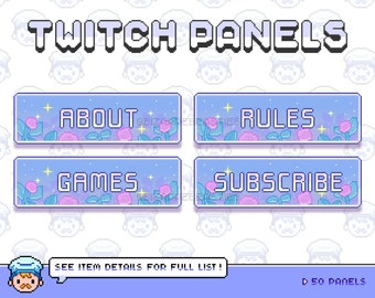 50x Lindo Pixel Art Twitch Panels Stream Pack ~ Bonito jardín de rosas rosadas, color lavanda púrpura, romance brillante ~ Tema estético Shoujo