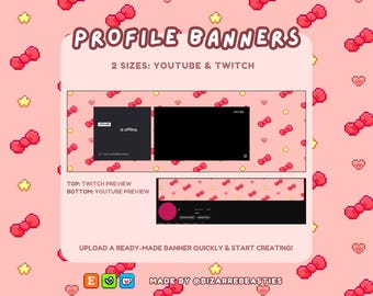 2 Pixel Art Profile Banners for Twitch, YouTube - Kawaii Peachy Red Bow Theme
