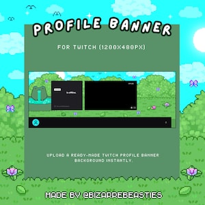 Może przedstawiać: Baner profilowy Twitch w stylu pikselowym przedstawiający zielony krajobraz z żabą, motylami i kwiatami. Baner zawiera miejsce na zdjęcie profilowe i podgląd transmisji na żywo. Tekst "PROFILE BANNER FOR TWITCH (1200X480PX)" jest wyświetlany u góry banera. Tekst "is offline" jest wyświetlany w małym polu na banerze. Tekst "MADE BY @BIZARREBEASTIES" jest wyświetlany u dołu banera.