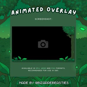 以下が含まれることがあります： ピクセル化された森をテーマにしたアニメーションオーバーレイのスクリーンショット。画像には、カメラアイコンが付いた暗い長方形があり、緑の葉と「ANIMATED OVERLAY」のテキストで囲まれています。MP4、UEBH、PNG形式で利用できます。