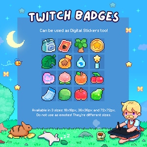 16x Cute Pixel Art Twitch Sub Badges Pack - Kawaii Stream Decor, Digital Stickers, Girly pop gamer aesthetic  - Cozy Video Games Items Theme