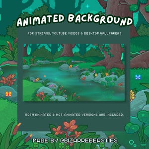 Puede incluir: Fondo animado de pixel art que representa una escena de bosque serena con un estanque, árboles y plantas coloridas. El texto dice "ANIMATED BACKGROUND" y "FOR STREAMS, YOUTUBE VIDEOS & DESKTOP WALLPAPERS". Incluye versiones animadas y no animadas.