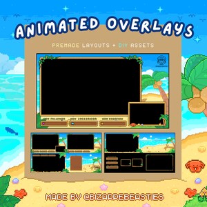 Premium Animated Twitch Overlay ~ Cute Pixel Art Stream Overlay, Just Chatting Layout, Webcam, Border, Alerts ~ Summer Beach Theme