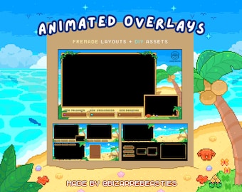 Puede incluir: Superposiciones animadas para streaming, con una escena de playa de pixel art con palmeras, arena y agua. Las superposiciones incluyen marcos personalizables, cuadros de texto y otros elementos. Hecho por BizarreBeasties.