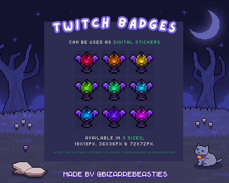 May include: A set of nine Twitch badges featuring colorful pixelated gems with wings. The badges are available in three sizes: 18x18 pixels, 36x36 pixels, and 72x72 pixels. The text "TWITCH BADGES" is at the top of the image, and the text "CAN BE USED AS DIGITAL STICKERS" is below it. The text "AVAILABLE IN 3 SIZES; 18X18PX, 36X36PX & 72X72PX." is below the badges. The text "DO NOT USE ON OTHER PLATFORMS IF UNSURE. PLEASE MESSAGE US BEFORE BUYING!" is below the sizes. The text "MADE BY @BIZARREBEASTIES" is at the bottom of the image.