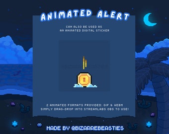 Cute Animated Stream Alert - Pixel Art Animated Twitch Alerts - Ocean Moonlight Stream Package, Donation Alert : Coin Drop Theme