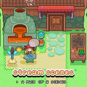 6 Cute Animated Offline Banner Stream Scenes - Pixel Art, Starting, Brb, Ending, Off, Thks for Watching, Background: Kawaii Blacksmith Theme