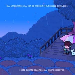 1x Premium Animated Background for Streaming, Twitch, Youtube Videos, Game Art, Wallpaper ~ Pixel Art Backgrounds ~ Rainy Park Theme