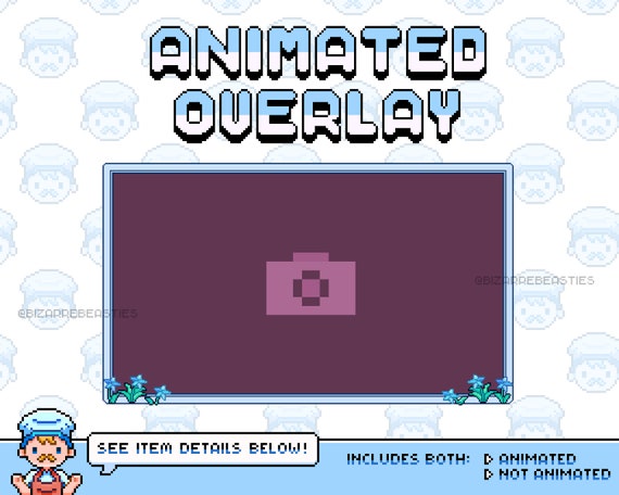 Cute Animated Webcam Overlay ~ 8bit Pixel Art All-in-one (GIF, Png, Mov)  Twitch Overlays for Streamers ~ Blue Flowers Pixel Cam