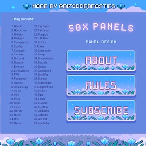 50x Pixel Art Twitch Panels, Stream Panel, Website Button, About Me, Specs, Commands, Rules, Pastel Blue Sky Aesthetic: Cozy Afternoon Theme
