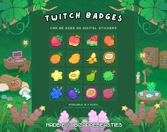 16 Pixel Art Twitch Sub Badge Designs - Round and Shiny Fruits (Digital Download)