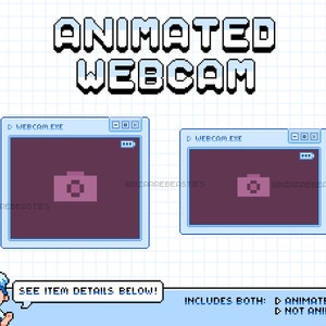 Puede incluir: Icono de webcam animado en un marco de ventana azul con el texto "WEBCAM.EXE" sobre un fondo de cuadrícula blanca. El icono es una cámara rosa con una lente blanca. El texto "ANIMATED WEBCAM" está en la parte superior de la imagen en letras grandes y pixeladas. El texto "SEE ITEM DETAILS BELOW!" está en un globo de diálogo debajo del icono de la webcam. El texto "INCLUDES BOTH: ANIMATED ▷ NOT ANIMATED" está debajo del globo de diálogo.