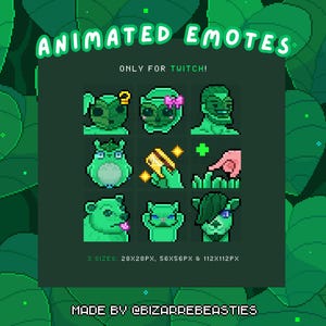 9x Animated Pixel Art Twitch Emotes - Subscriber Rewards, Cute 8-bit Pixel Aesthetic Green Nature Stream Package - Forest Leaf Spirits Theme