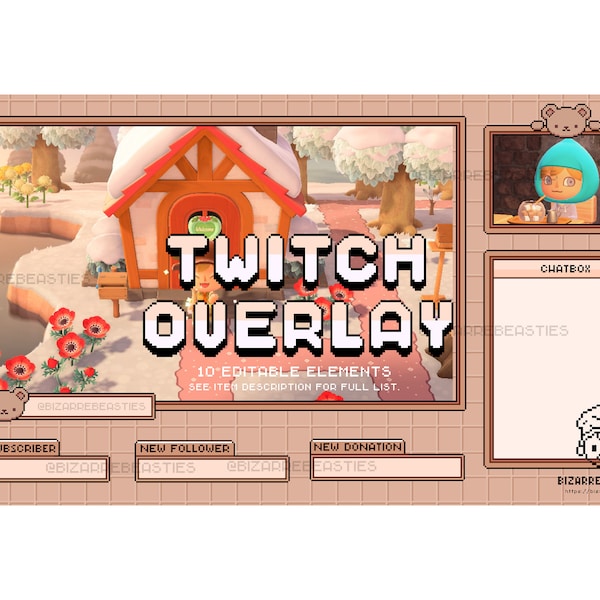 Editable Twitch Overlay ~ DIY layout ~ Pixel Art Stream Overlay ~ Fullscreen, Screencam, Just Chatting, Stream Alerts ~ Chocolate Bear Theme