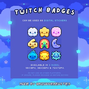 9x Cute Pixel Art Twitch Sub Bit Badges - Kawaii Icons Digital Stickers, Rainbow, Cloud, Rain, Moon, Sun, Snowflake - Starry Night Sky Theme