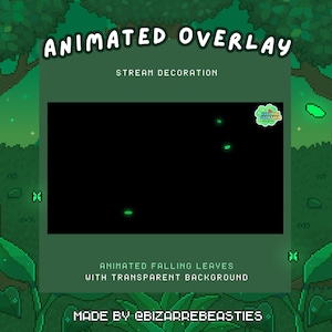 Op de afbeelding: Geanimeerde overlay voor streaming, met vallende bladeren met een transparante achtergrond. Het ontwerp bevat een gepixeld boslandschap met groene bladeren en de tekst "ANIMATED OVERLAY" en "STREAM DECORATION". Gemaakt door @BIZARREBEASTIES.