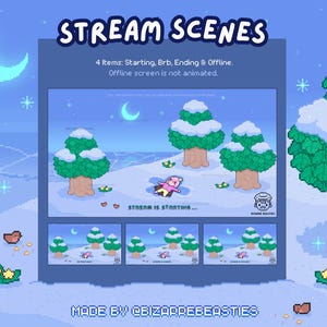 Könnte beinhalten: Vier Pixel-Art-Szenen zum Streamen, die einen rosa Charakter in einer schneebedeckten Landschaft mit Bäumen zeigen. Die Szenen beinhalten "Stream is starting...", "BRB", "Ending" und "Offline".