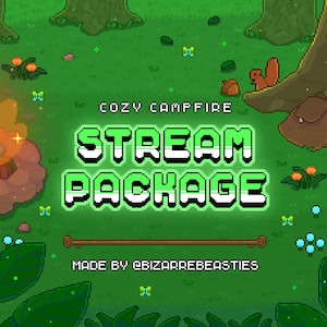 Cute Pixel Art Stream Package - Twitch YT Animated Overlay Panel Alert Sub Bit Badge Emote Stinger Transition Offline Banner: Cozy Campfire