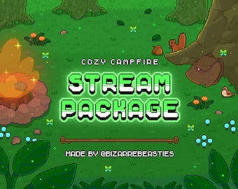 Cute Pixel Art Stream Package - Twitch YT Animated Overlay Panel Alert Sub Bit Badge Emote Stinger Transition Offline Banner: Cozy Campfire