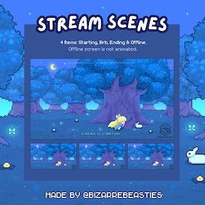 Peut inclure: Une illustration pixel art d'une scène de forêt bleue avec une fille en robe rose et un lapin blanc. Le texte "STREAM SCENES" est en haut de l'image. Le texte "4 Items: Starting, Brb, Ending & Offline." est sous le titre. Le texte "Offline screen is not animated." est sous le texte précédent. Le texte "MADE BY @BIZARREBEASTIES" est en bas de l'image.