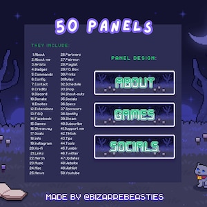 May include: A pixel art illustration of a night scene with a crescent moon, two trees, and a cat. The illustration is a design for 50 panels, which are listed on the left side of the image. The panels include topics such as "About", "Games", and "Socials". The text "MADE BY @BIZARREBEASTIES" is at the bottom of the image.