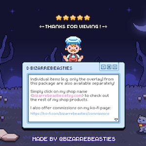 May include: Pixel art illustration of a character with a blue cap and red shirt, standing in front of a blue window with the text "BIZARREBEASTIES" and a message about individual items being available separately. The message also includes a link to the shop's Etsy page. The illustration is set against a dark blue background with a crescent moon and stars.
