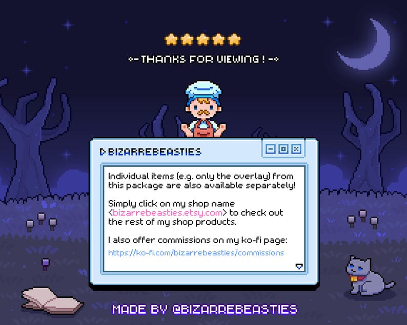 May include: Pixel art illustration of a character with a blue cap and red shirt, standing in front of a blue window with the text "BIZARREBEASTIES" and a message about individual items being available separately. The message also includes a link to the shop's Etsy page. The illustration is set against a dark blue background with a crescent moon and stars.