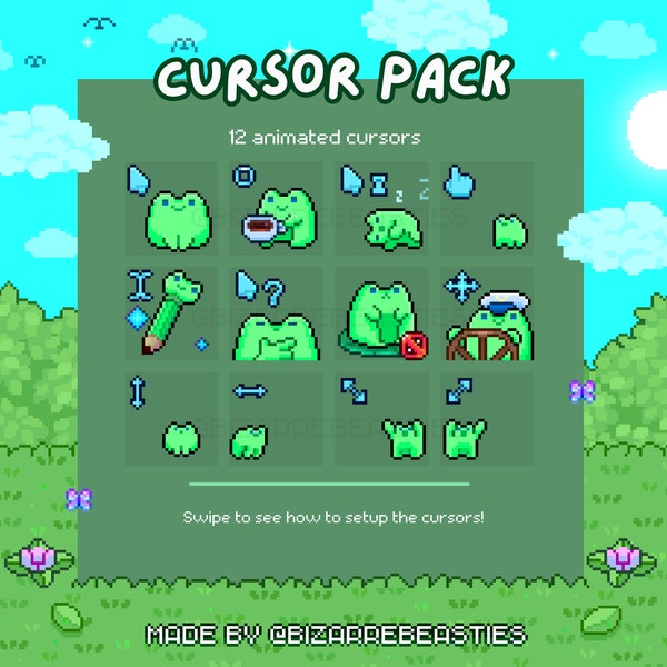 Kawaii Mouse Cursors Pack - 12 designs - Desktop Decor, Cute Pixel Art Animated Cursor Pointers - Green Frog Froggy - Phat Baby Froggo Theme