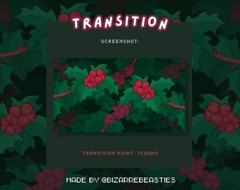 Animated Twitch Stinger Transition - Cute Pixel Art Animation Stream Setup, Green Nature, YT, OBS - Flowers, Plants: Winter Holly Theme