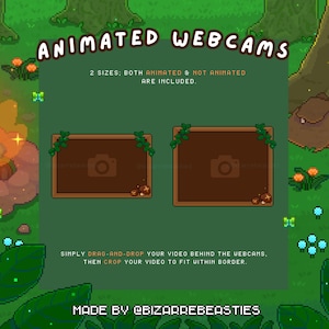 Pode incluir: Molduras de webcam animadas com um fundo de floresta. As molduras são marrons com um ícone de câmera e videiras verdes. O texto "ANIMATED WEBCAMS" está na parte superior da imagem. O texto "2 SIZES; BOTH ANIMATED & NOT ANIMATED ARE INCLUDED." está abaixo das molduras. O texto "SIMPLY DRAG-AND-DROP YOUR VIDEO BEHIND THE WEBCAMS. THEN CROP YOUR VIDEO TO FIT WITHIN BORDER." está abaixo do texto. O texto "MADE BY @BIZARREBEASTIES" está na parte inferior da imagem.