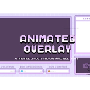 Cute Pixel Art Animated Stream Overlay Pack: Simple, Twitch , Chat Screen, Webcam, Vtuber, Facecam, Chatbox, Alerts, Bg ~ Grape Jelly Purple
