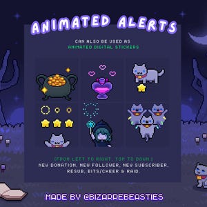 6 Cute Animated Stream Alerts ~ Twitch Alert, Alert Box, Animated Alert, Pixel Art Alerts Pack Bundle, Purple Gothic ~ Spooky Witch Theme