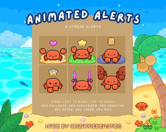 May include: Animated alerts for Twitch streams featuring six different pixel art crabs with various actions, including a heart, a star, a coin, a star, a sword, and a crab. The text "ANIMATED ALERTS" and "6 STREAM ALERTS" is at the top of the image. The text "[FROM LEFT TO RIGHT, TOP TO DOWN:] NEU FOLLOWER, NEW SUBSCRIBER, NEW DONATION. NEU RESUB, NEW CHEER, NEW RAID" is in the middle of the image. The text "MADE BY @BIZARREBEASTIES" is at the bottom of the image.